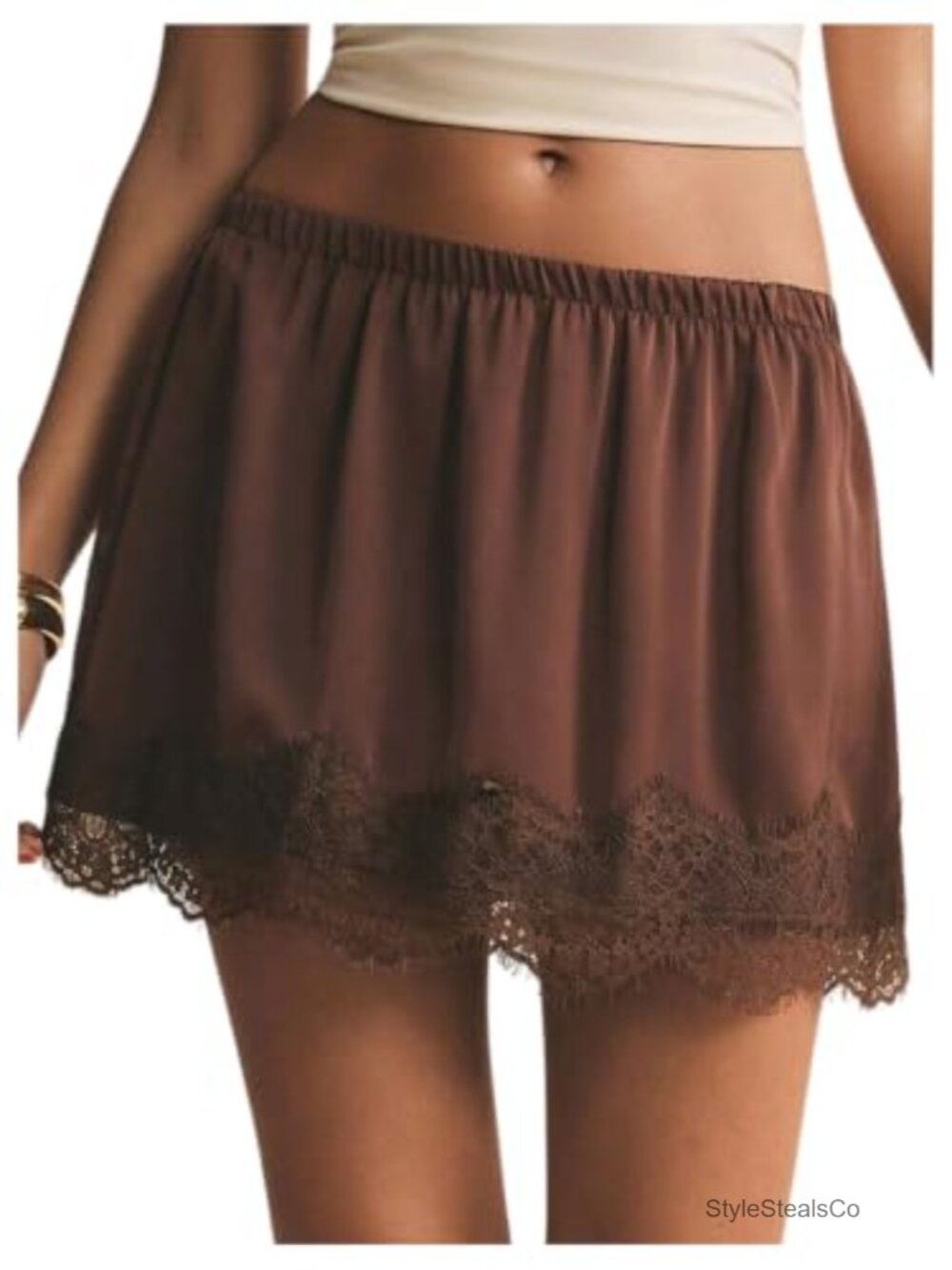 Satin Mini Skirt Lace Trim Elastic Waist A Line Short Skirt Summer Casual